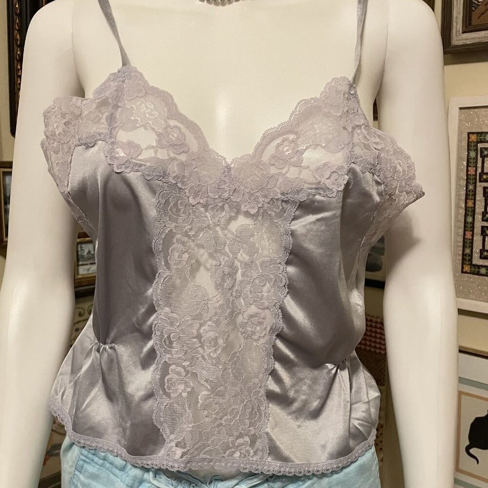80s Vintage Lavender Gray Lace & Satin Camisole With Adjustable Straps Size S